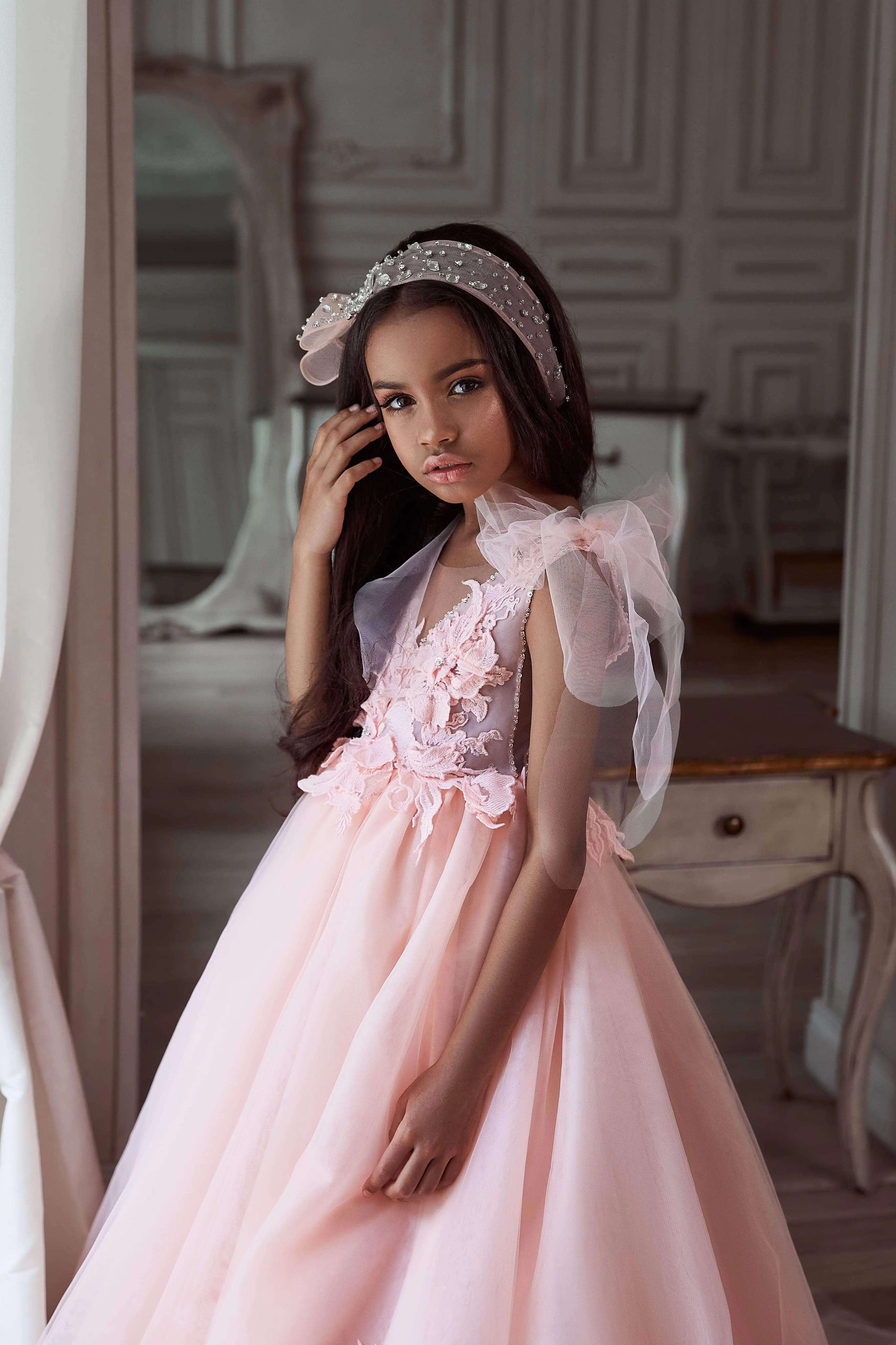 Bow-Tie Shoulder Pink Long Flower Girl Dress