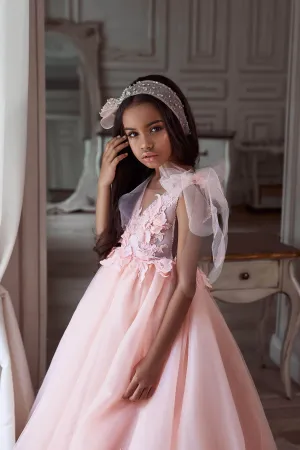 Bow-Tie Shoulder Pink Long Flower Girl Dress