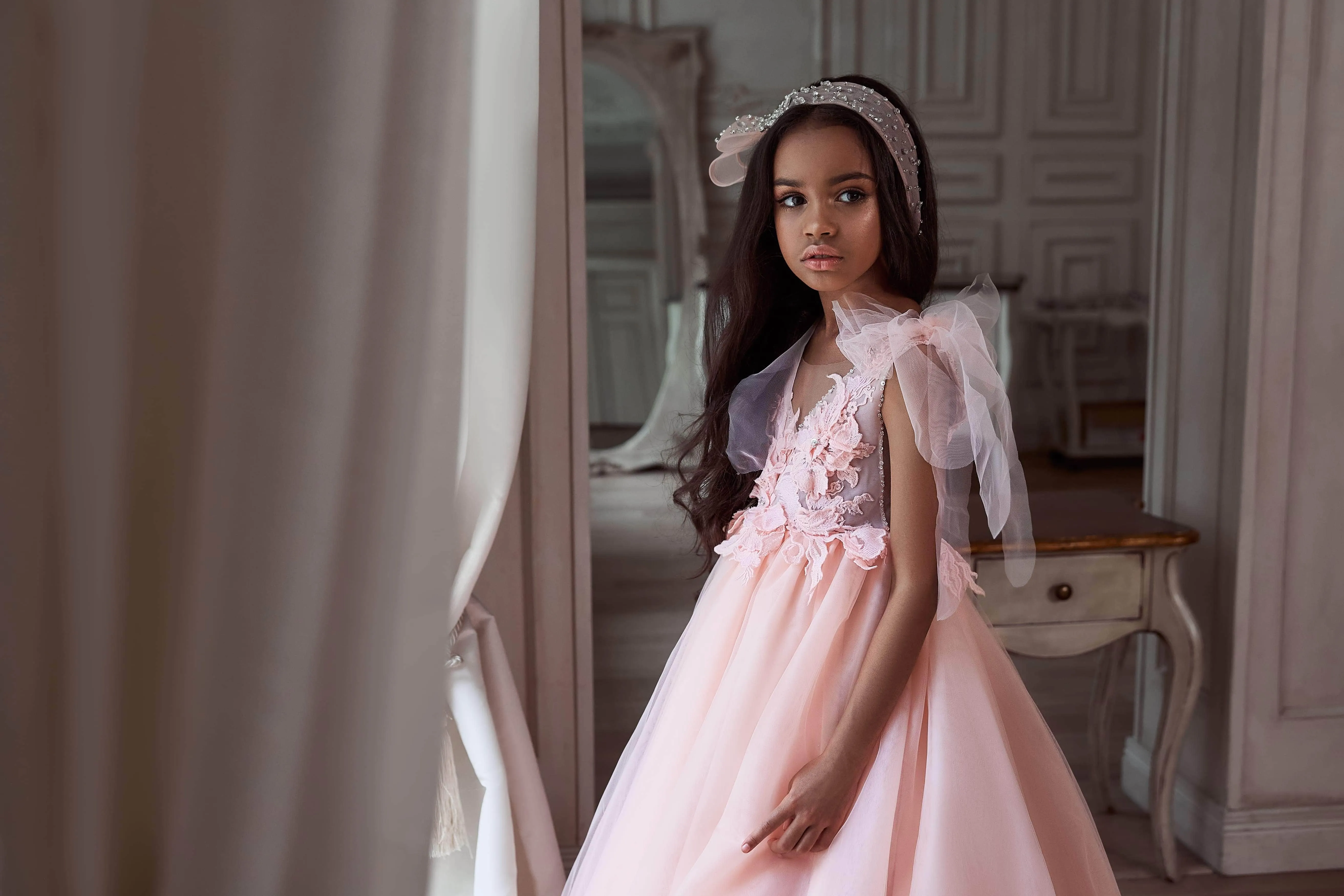 Bow-Tie Shoulder Pink Long Flower Girl Dress