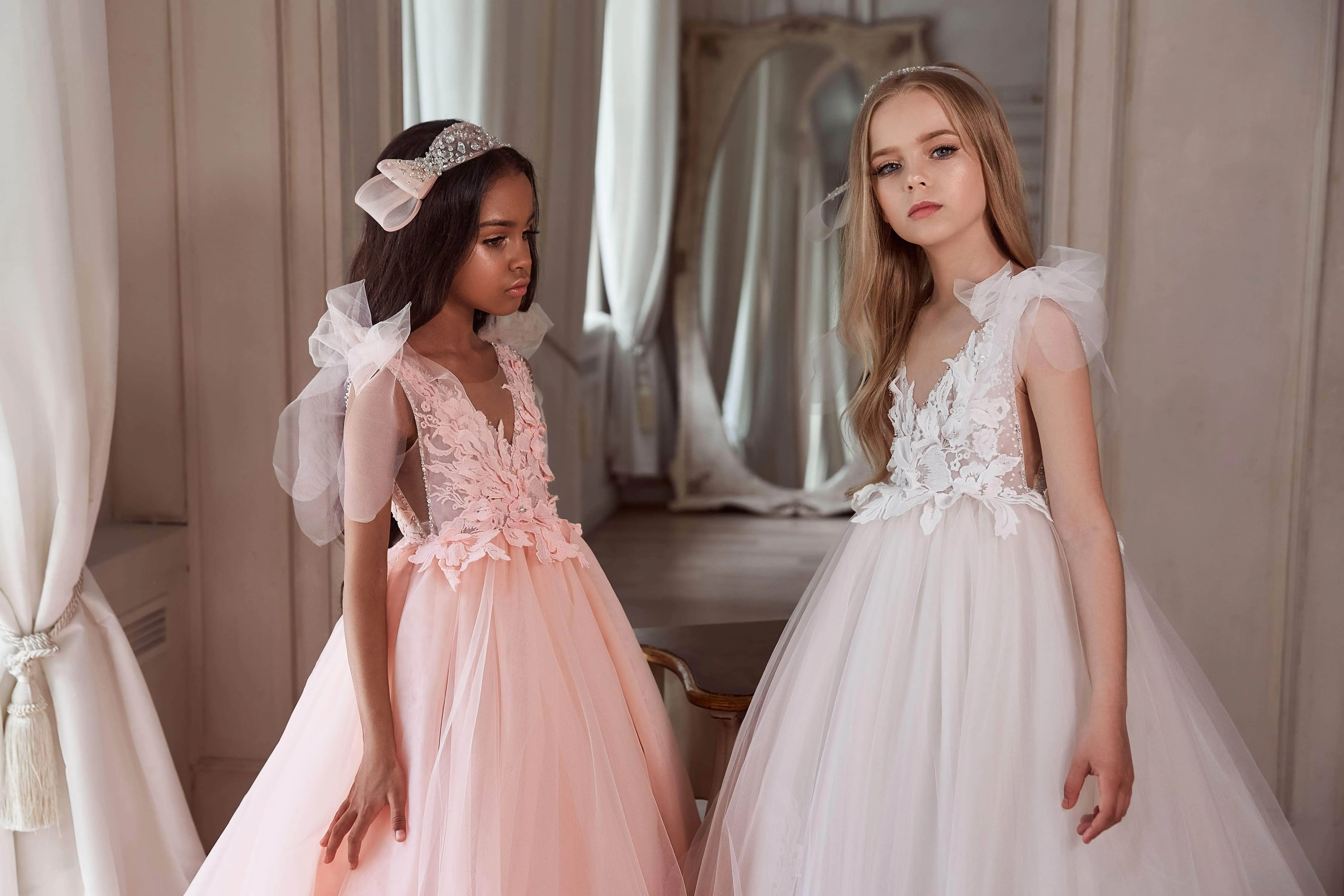 Bow-Tie Shoulder Pink Long Flower Girl Dress