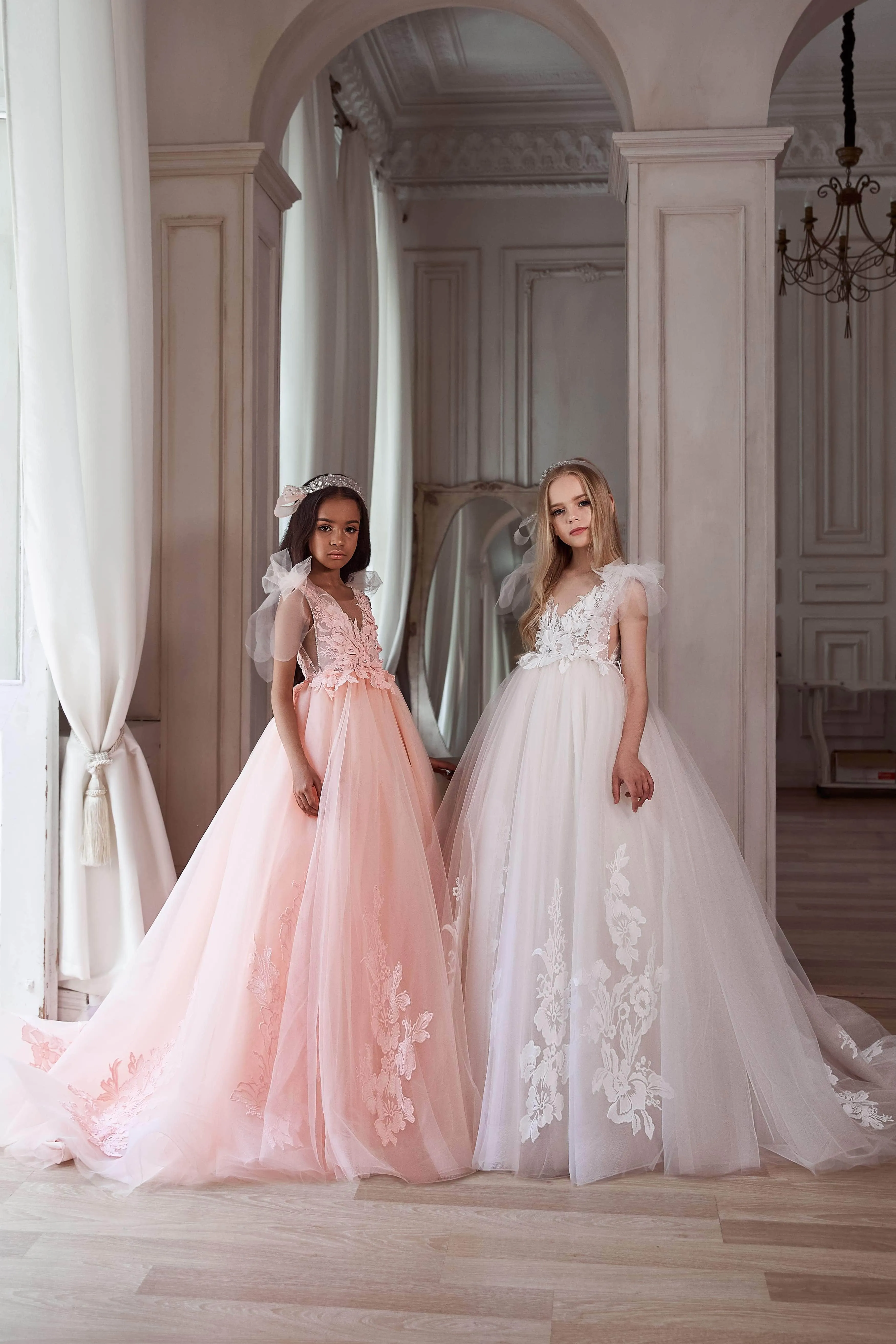 Bow-Tie Shoulder Pink Long Flower Girl Dress