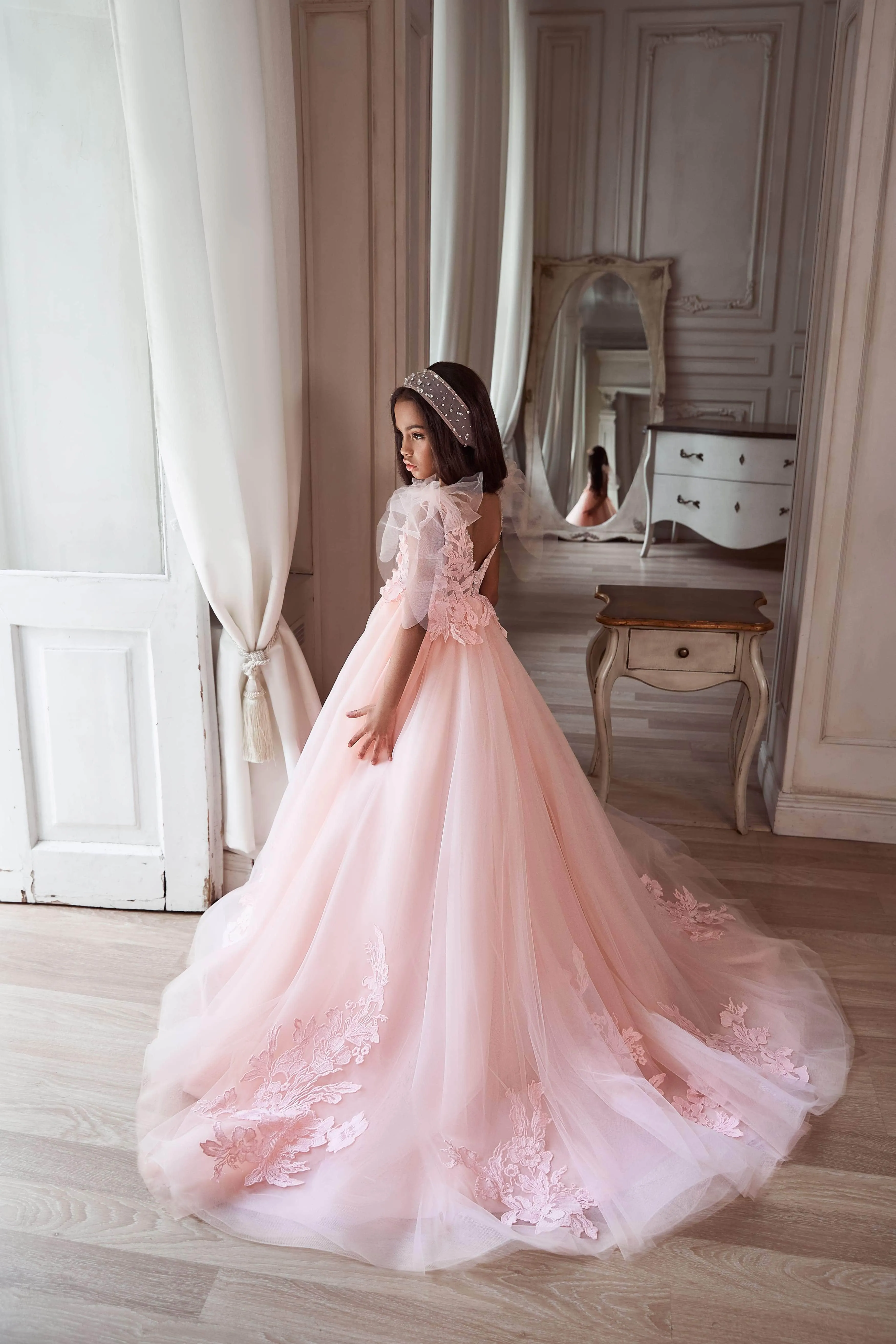 Bow-Tie Shoulder Pink Long Flower Girl Dress