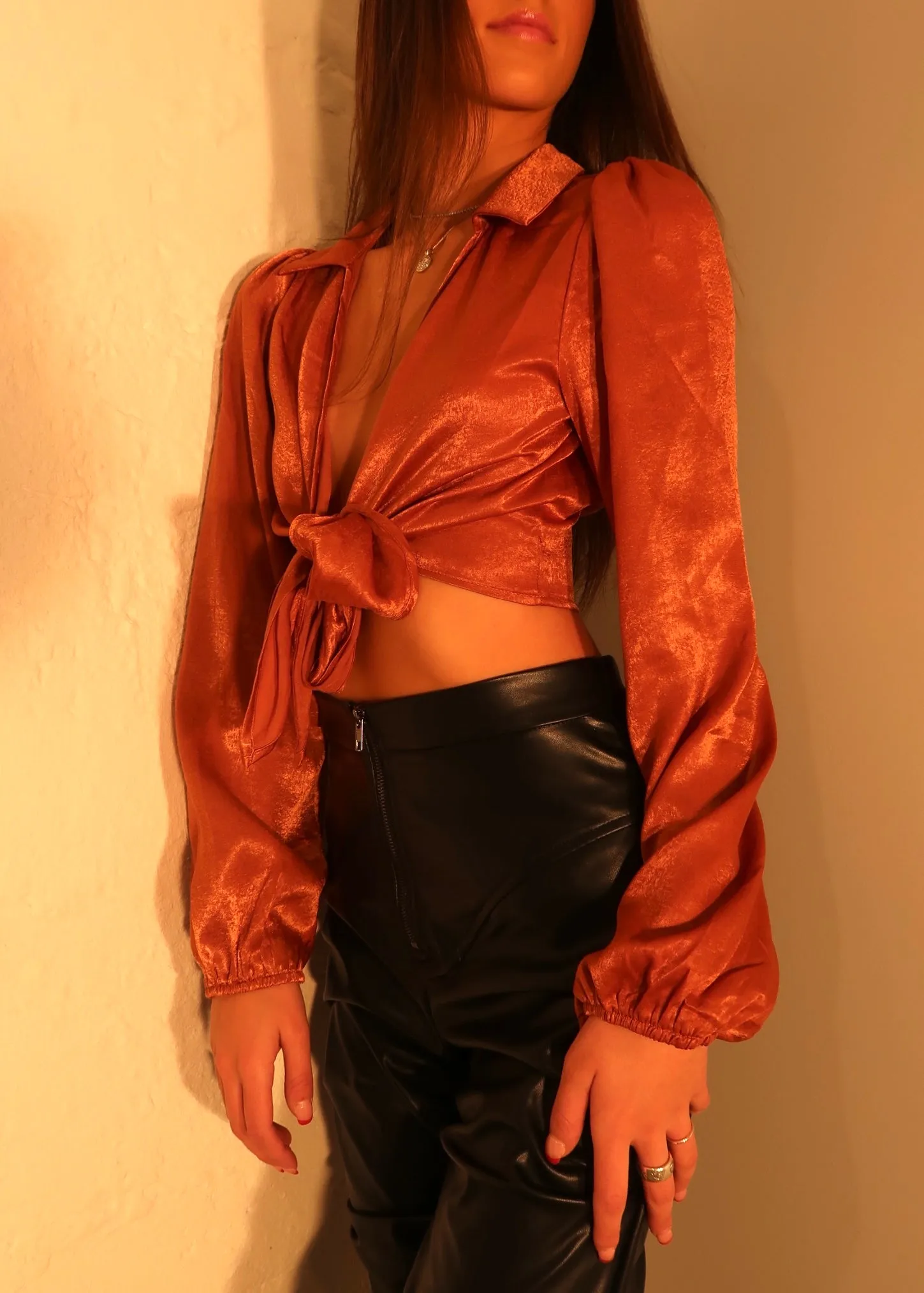 BURNT ORANGE SATIN LONG SLEEVE CROP TOP