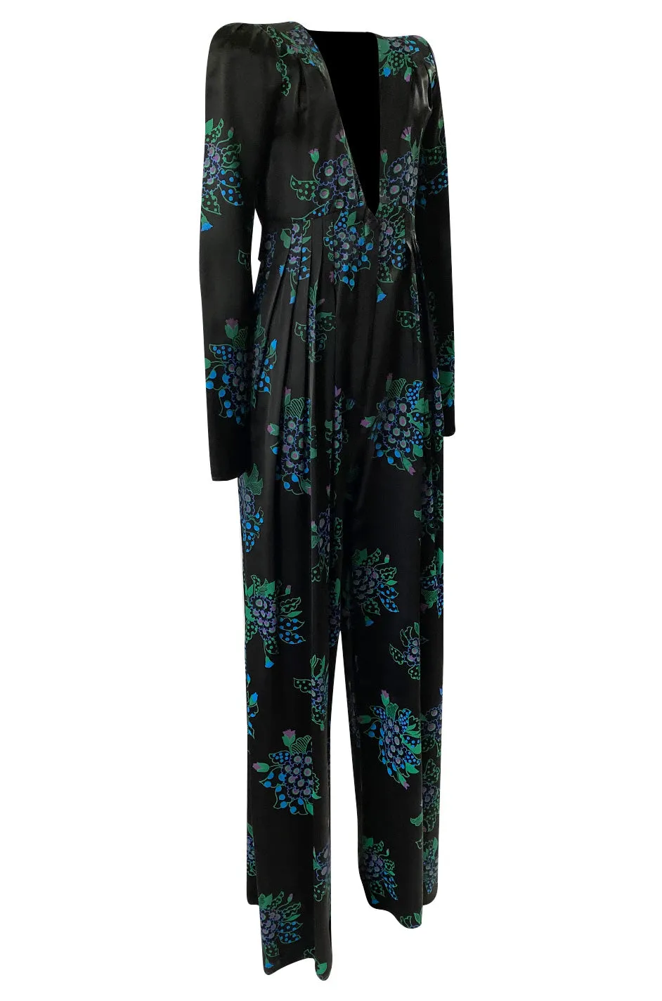 c. 1974 Ossie Clark Celia 'One Step Two Step' Celia Birtwell Print Black Jumpsuit