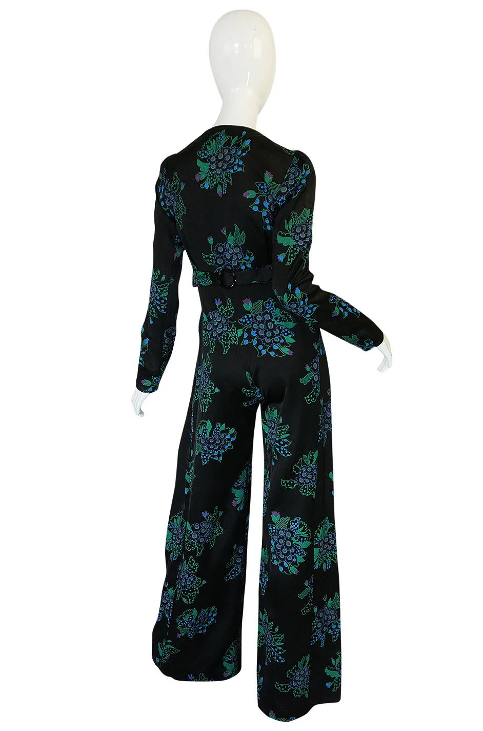 c. 1974 Ossie Clark Celia 'One Step Two Step' Celia Birtwell Print Black Jumpsuit