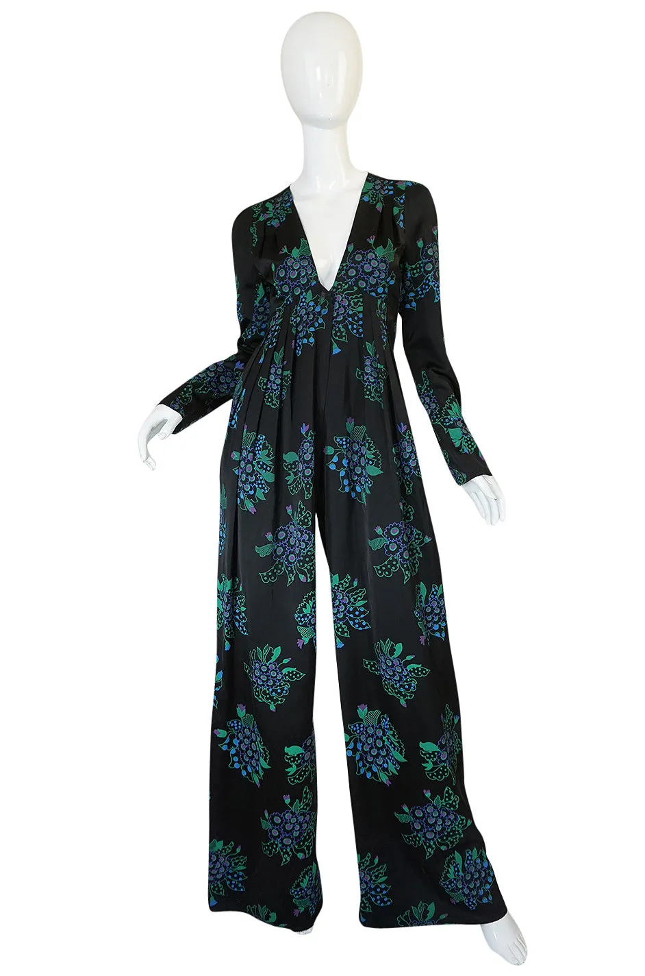 c. 1974 Ossie Clark Celia 'One Step Two Step' Celia Birtwell Print Black Jumpsuit