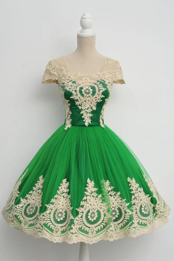 Cap Sleeves Lovely Green Unique Applique Short Homecoming Dresses, BG51600