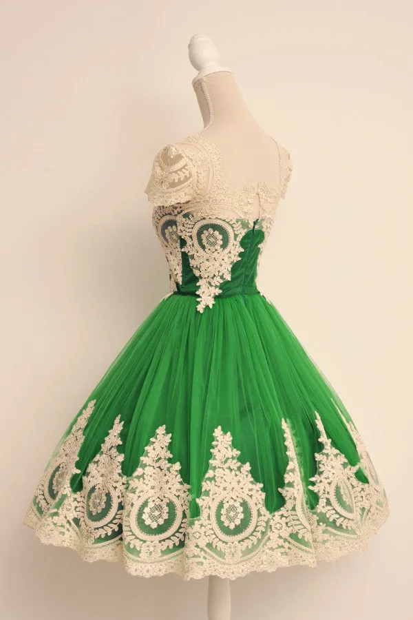 Cap Sleeves Lovely Green Unique Applique Short Homecoming Dresses, BG51600