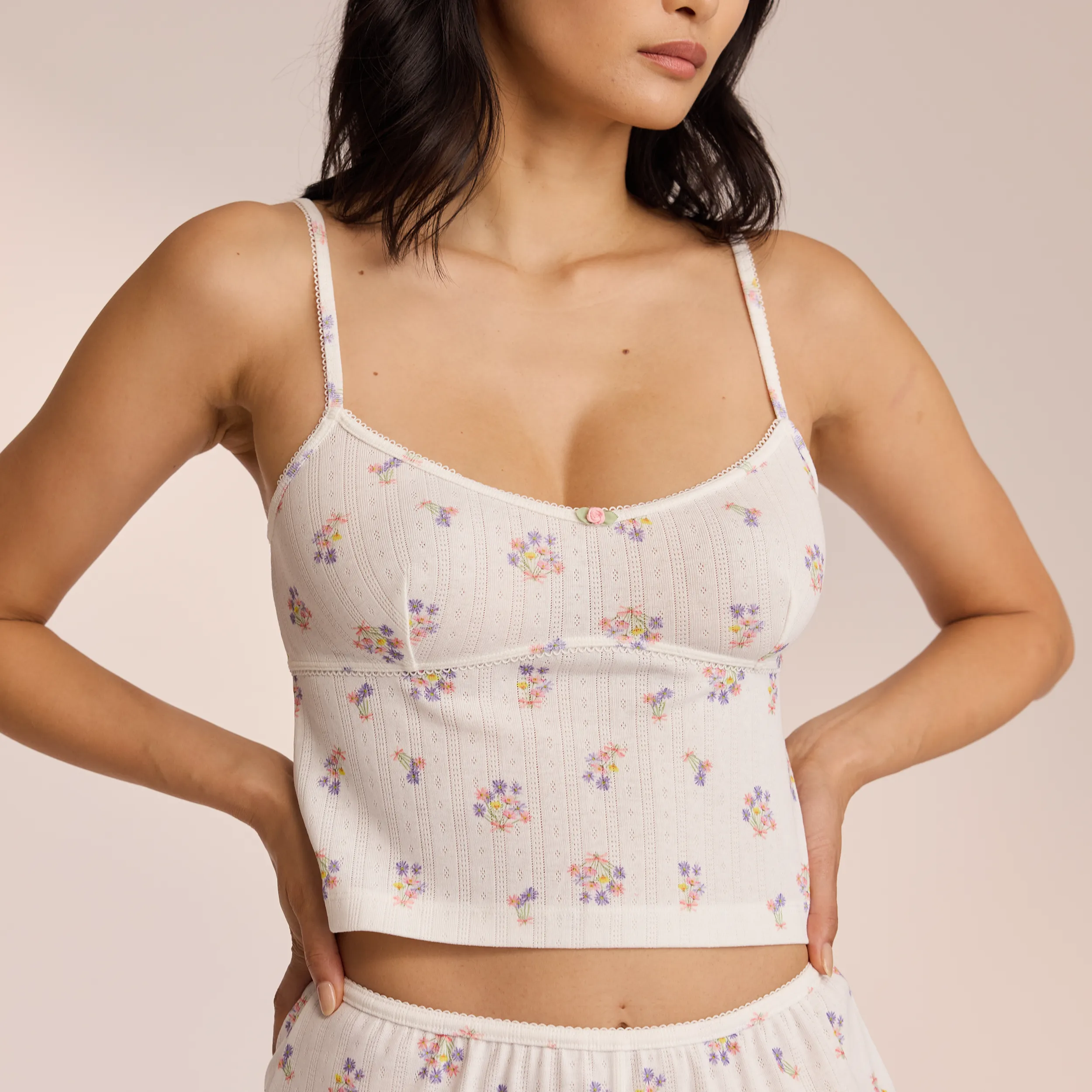 Caraco de Pyjama Pointelle - Blanc Floral
