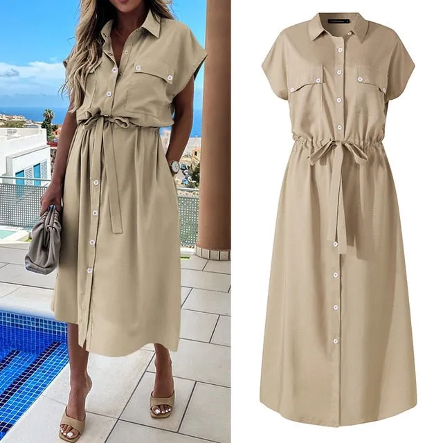 Celmia Summer Sundress Women Elegant Dress Plus Size Short Sleeve Casual Loose Buttons High Waist Work Midi Vestidos Robe S-5XL