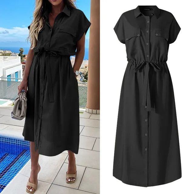Celmia Summer Sundress Women Elegant Dress Plus Size Short Sleeve Casual Loose Buttons High Waist Work Midi Vestidos Robe S-5XL