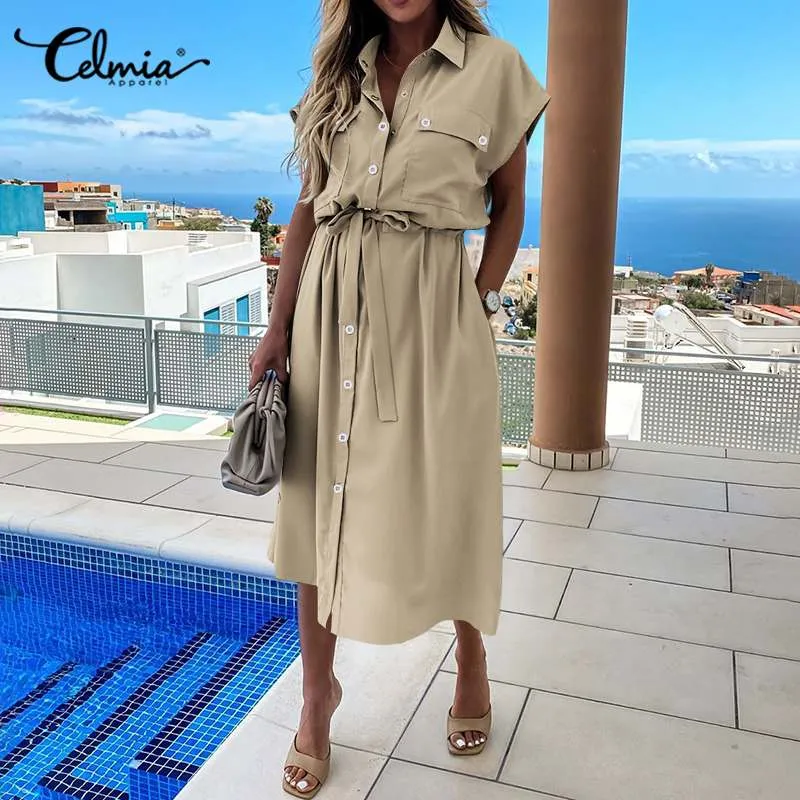 Celmia Summer Sundress Women Elegant Dress Plus Size Short Sleeve Casual Loose Buttons High Waist Work Midi Vestidos Robe S-5XL