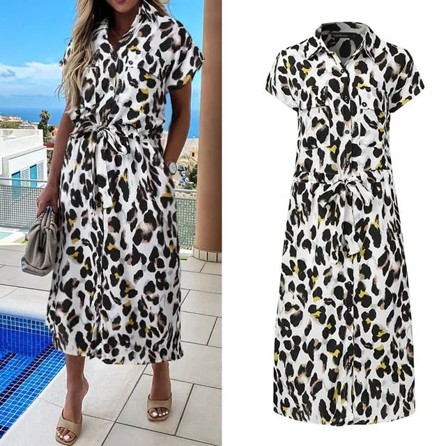Celmia Summer Sundress Women Elegant Dress Plus Size Short Sleeve Casual Loose Buttons High Waist Work Midi Vestidos Robe S-5XL