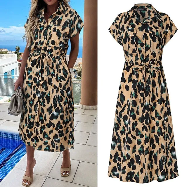Celmia Summer Sundress Women Elegant Dress Plus Size Short Sleeve Casual Loose Buttons High Waist Work Midi Vestidos Robe S-5XL
