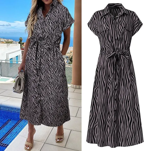Celmia Summer Sundress Women Elegant Dress Plus Size Short Sleeve Casual Loose Buttons High Waist Work Midi Vestidos Robe S-5XL