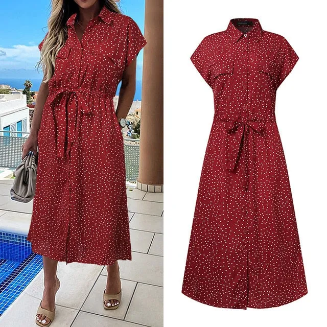 Celmia Summer Sundress Women Elegant Dress Plus Size Short Sleeve Casual Loose Buttons High Waist Work Midi Vestidos Robe S-5XL