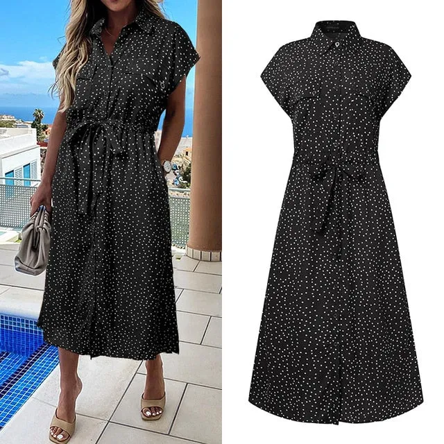 Celmia Summer Sundress Women Elegant Dress Plus Size Short Sleeve Casual Loose Buttons High Waist Work Midi Vestidos Robe S-5XL