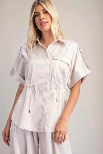 Champagne Adjustable Waist Satin Shirt Jacket