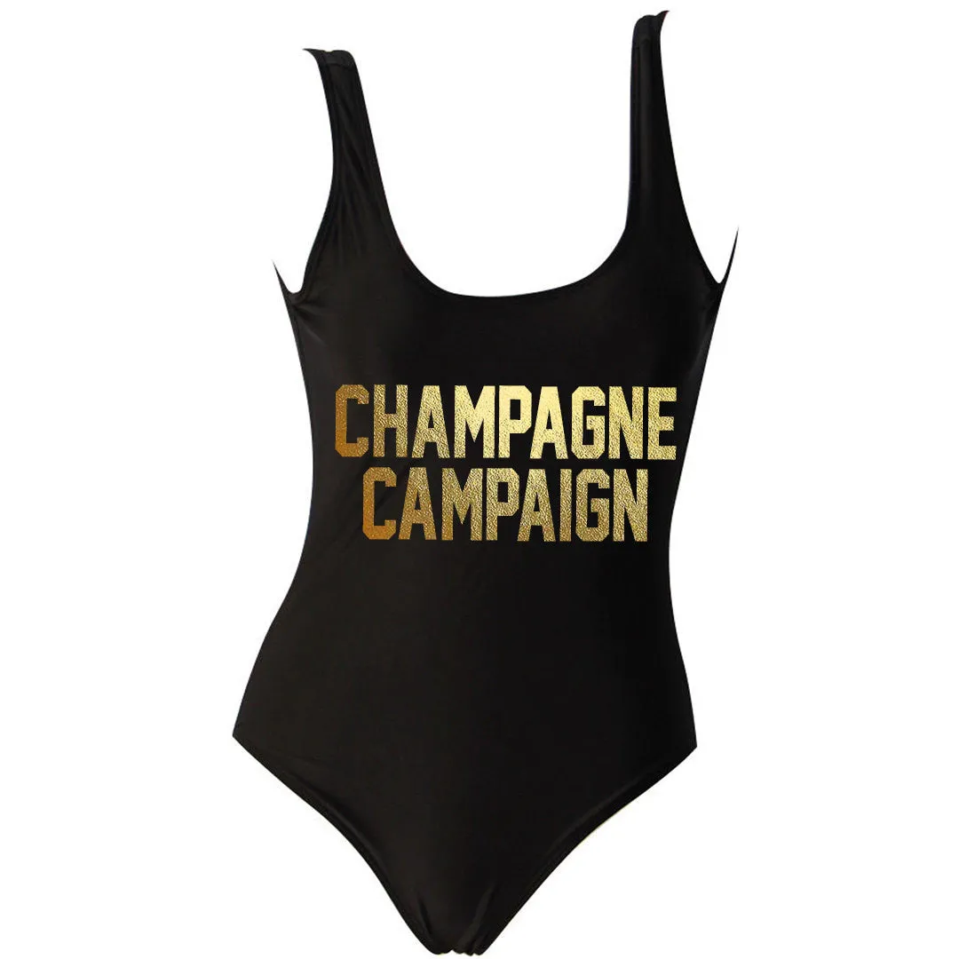 Champagne Campaign Black One Piece Swimsuit