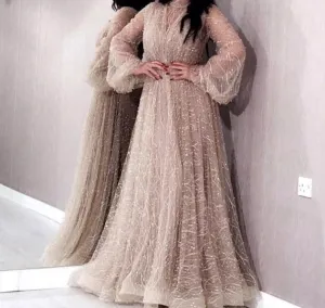 Champange Pearls A-Line Evening Dresses Dubai Long Sleeves Sexy Tulle Evening Gowns
