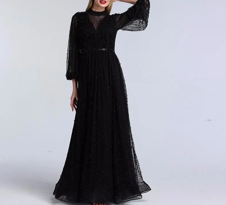 Champange Pearls A-Line Evening Dresses Dubai Long Sleeves Sexy Tulle Evening Gowns