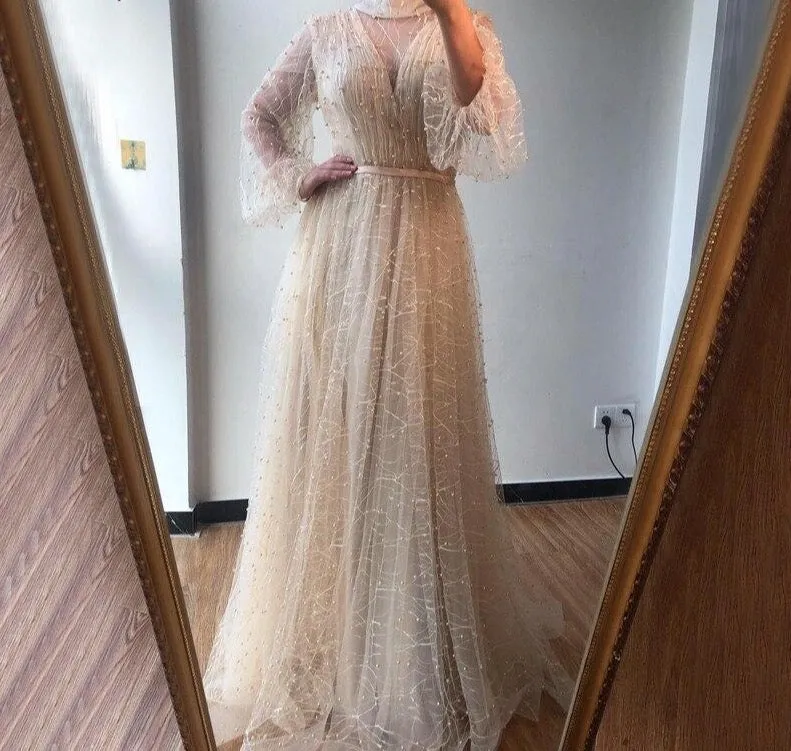 Champange Pearls A-Line Evening Dresses Dubai Long Sleeves Sexy Tulle Evening Gowns