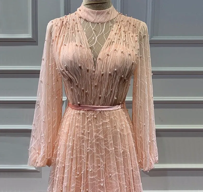 Champange Pearls A-Line Evening Dresses Dubai Long Sleeves Sexy Tulle Evening Gowns