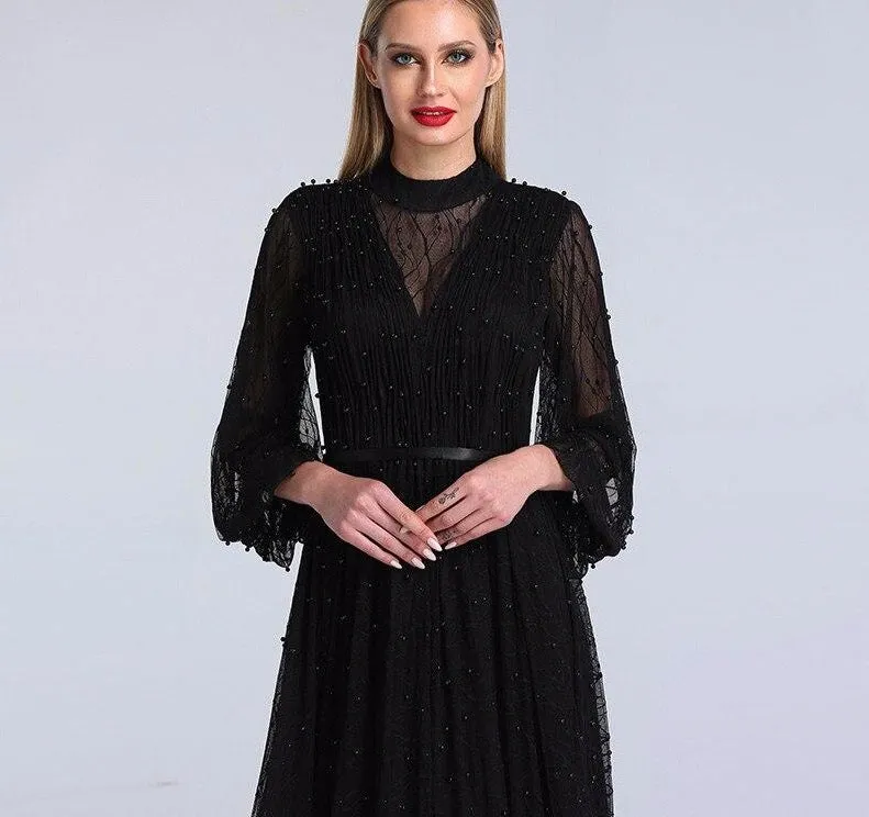 Champange Pearls A-Line Evening Dresses Dubai Long Sleeves Sexy Tulle Evening Gowns