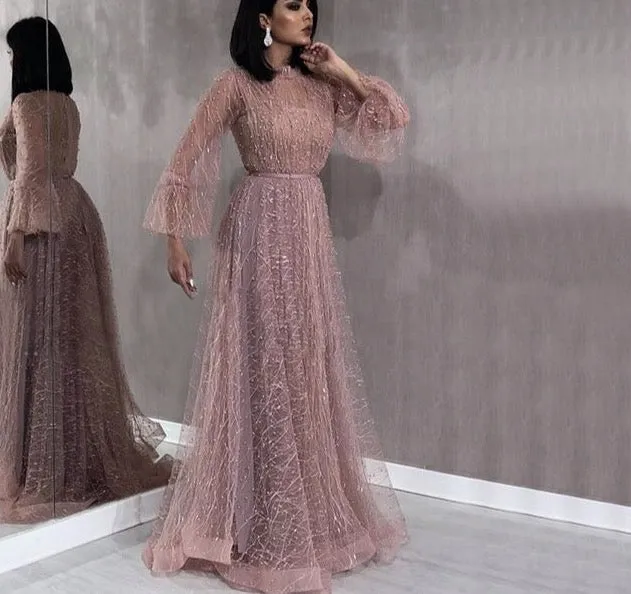 Champange Pearls A-Line Evening Dresses Dubai Long Sleeves Sexy Tulle Evening Gowns