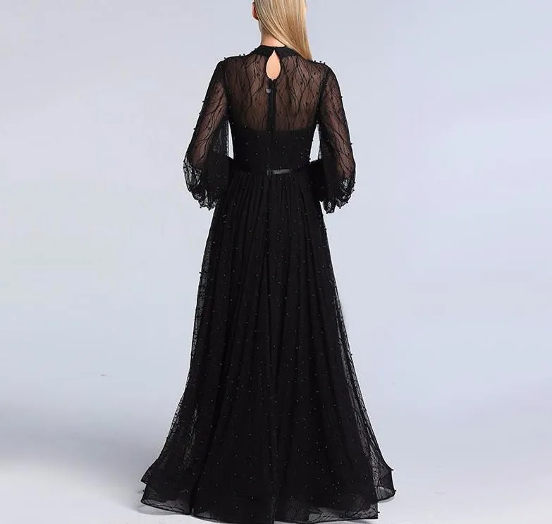 Champange Pearls A-Line Evening Dresses Dubai Long Sleeves Sexy Tulle Evening Gowns