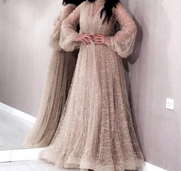 Champange Pearls A-Line Evening Dresses Dubai Long Sleeves Sexy Tulle Evening Gowns