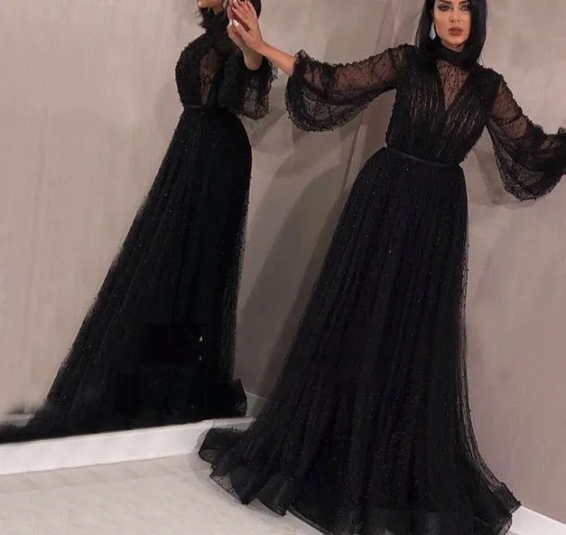 Champange Pearls A-Line Evening Dresses Dubai Long Sleeves Sexy Tulle Evening Gowns