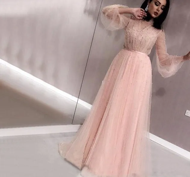 Champange Pearls A-Line Evening Dresses Dubai Long Sleeves Sexy Tulle Evening Gowns