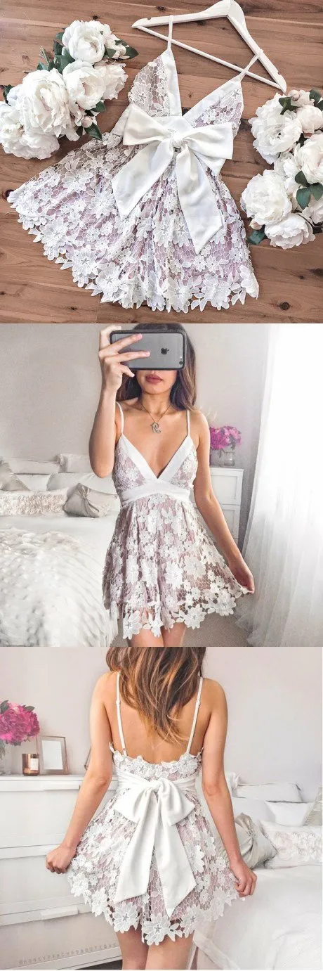 Cheap Freshman Spaghetti Straps Short Popular Lace Homecoming Dress with Sash, BD0259