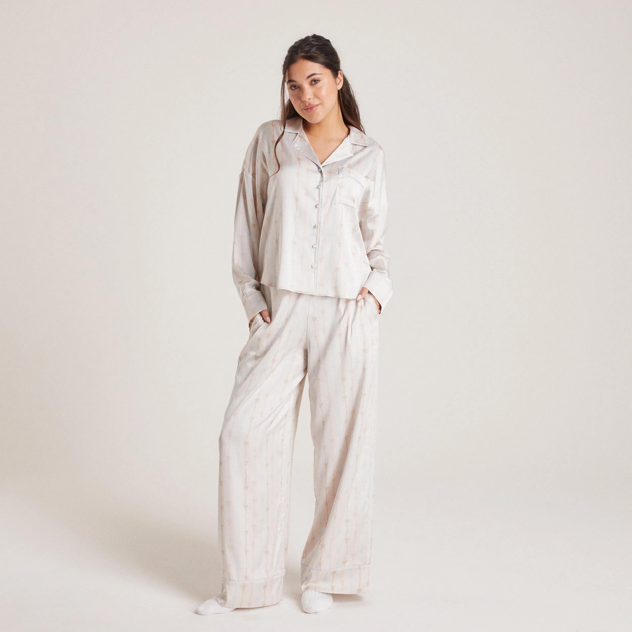 Chemise de Pyjama Satinée à Nœuds - Perle