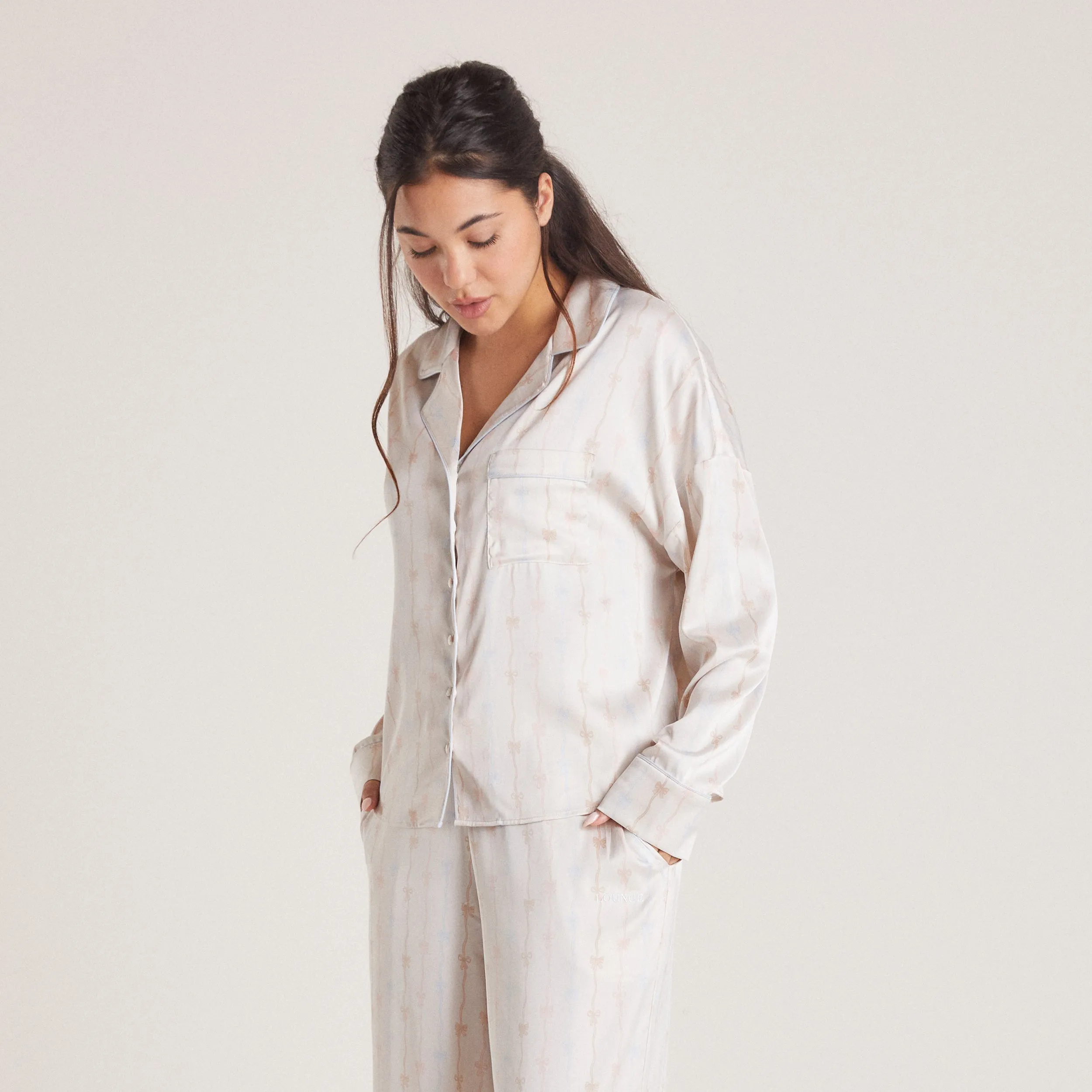 Chemise de Pyjama Satinée à Nœuds - Perle