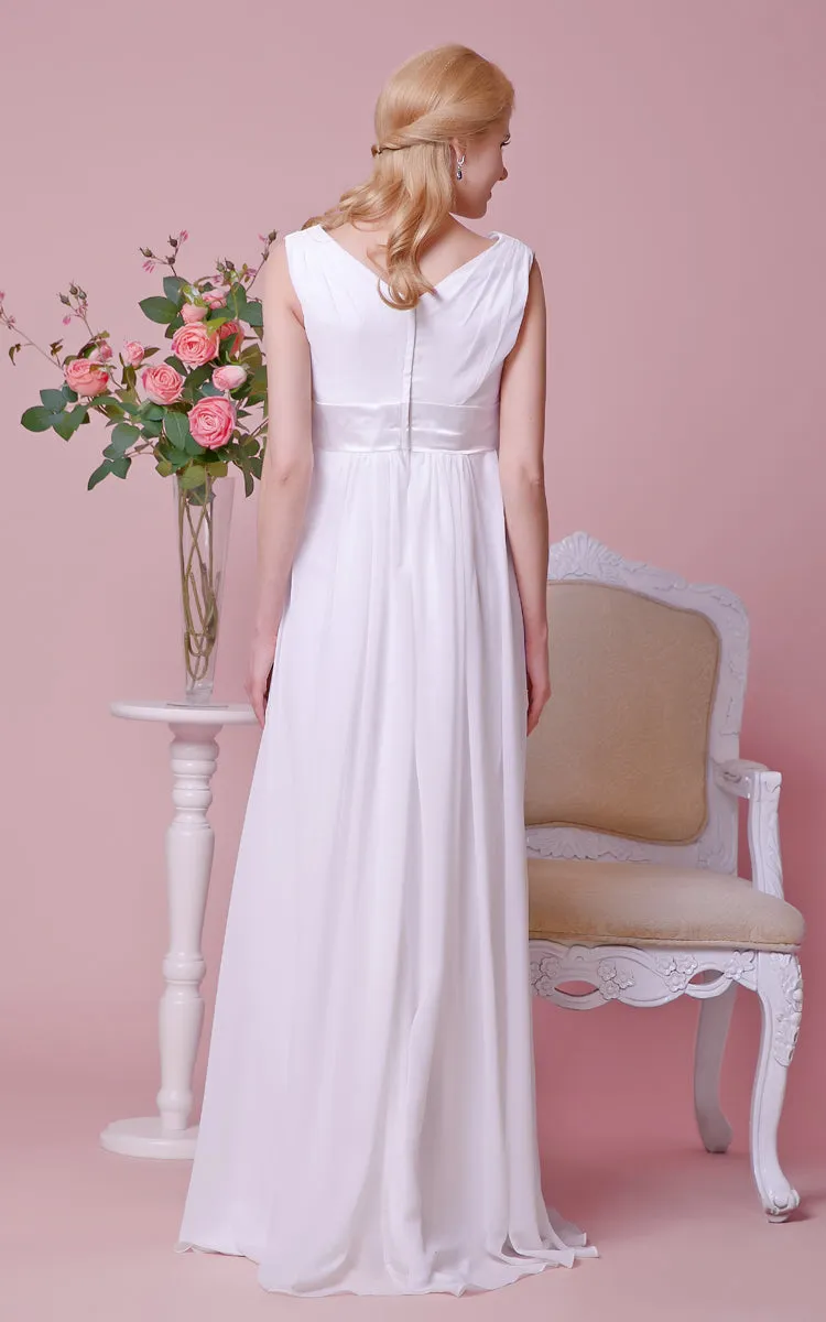 Chiffon V-Neckline Satin Bow A-Line Gorgeous Gown-ZP_706104