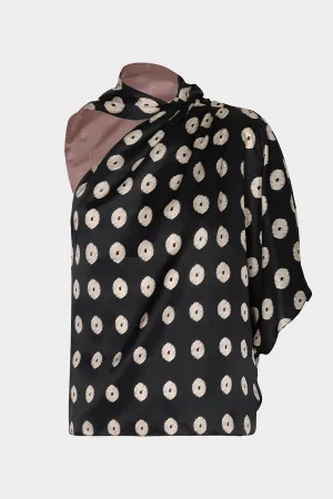 Chiminango Satin Silk Blouse in Black Mini Palms Cream