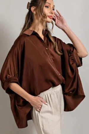 Chocolate Brown Button Down Satin Top