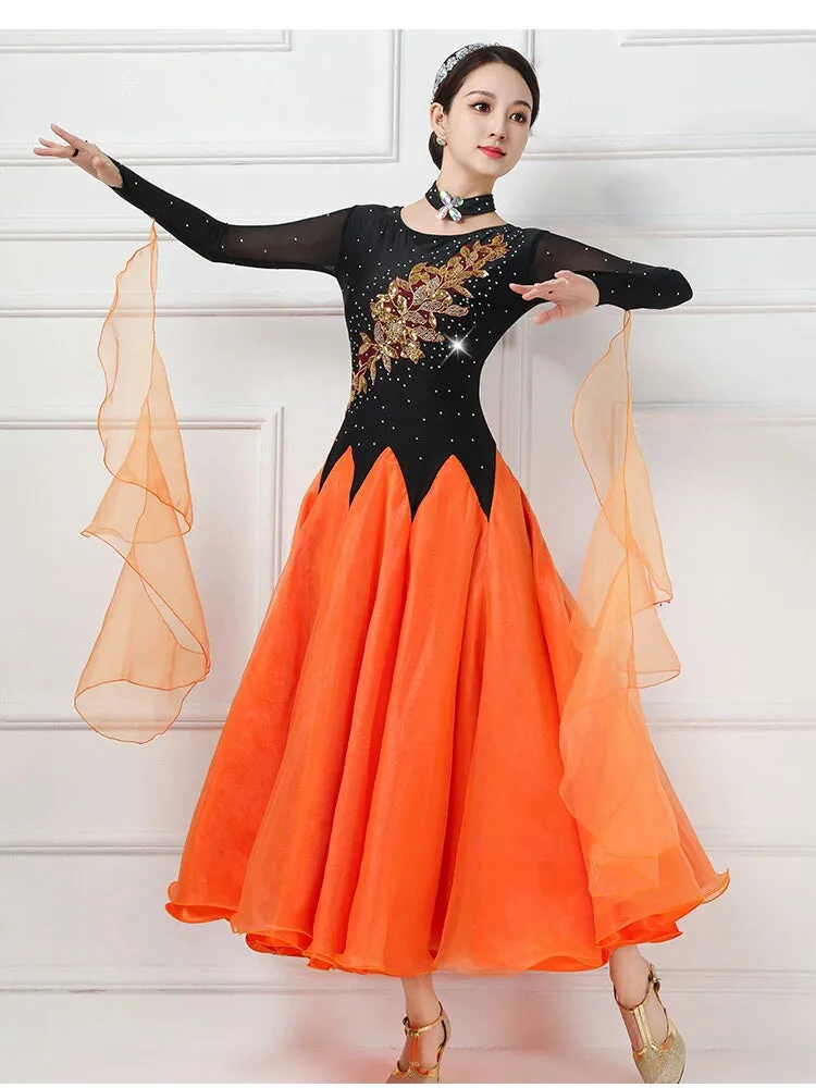 Competition orange ballroom dance dresses for women girls Modern dance swing skirt tango waltz group dance performance long gown