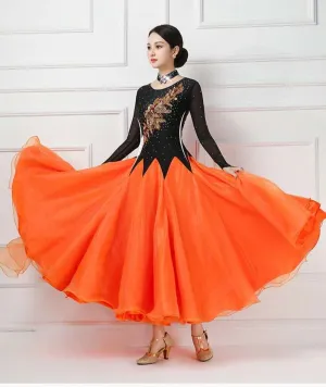 Competition orange ballroom dance dresses for women girls Modern dance swing skirt tango waltz group dance performance long gown
