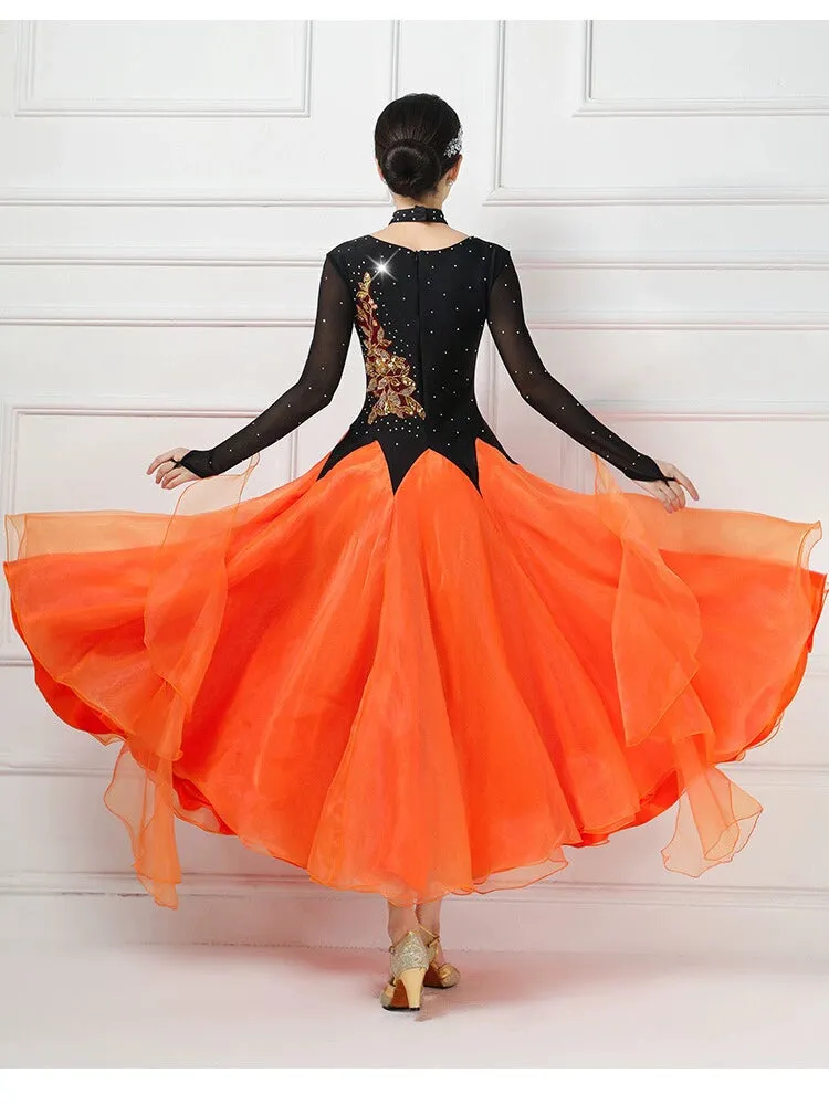 Competition orange ballroom dance dresses for women girls Modern dance swing skirt tango waltz group dance performance long gown
