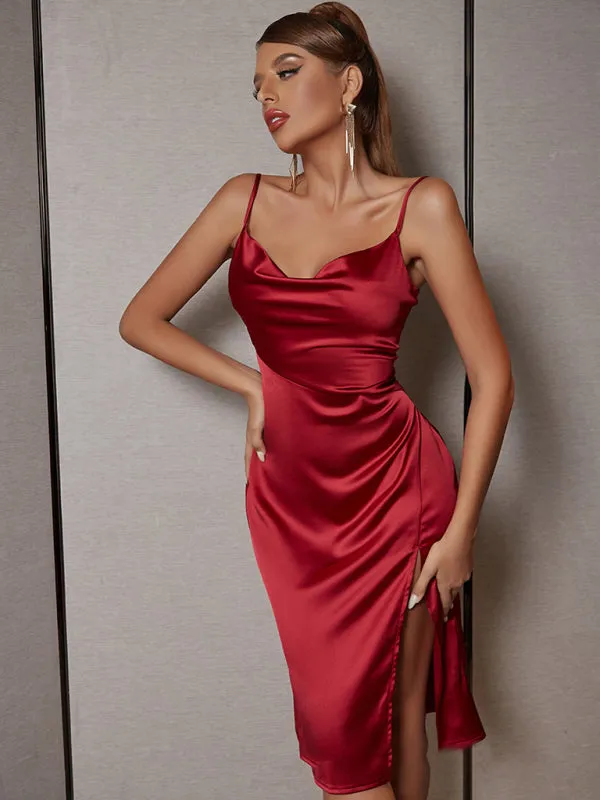 Cowl Neck Satin Gown with High Slit and Spaghetti Straps