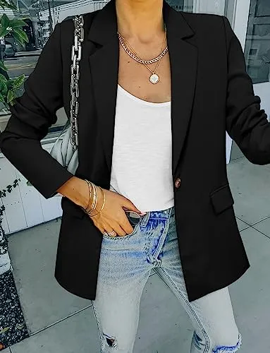CRAZY GRID Women Business Casual Blazer Work Professional Office Blazer Jacket Ladies Buttons Long Sleeve Fashion Suit Jacket L Black