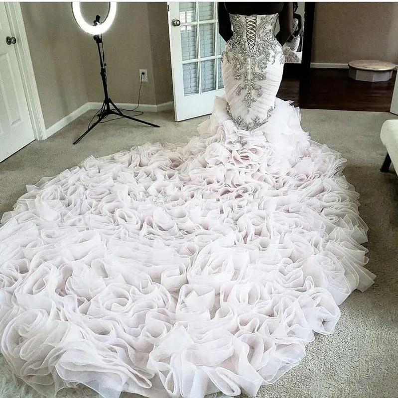 Crystal Mermaid Wedding Dress available in Plus Sizes Features Sweetheart Lace-up Corset