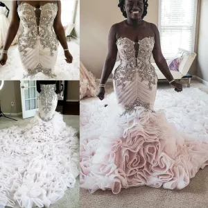 Crystal Mermaid Wedding Dress available in Plus Sizes Features Sweetheart Lace-up Corset
