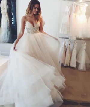 Custom made v neck tulle sequin white long prom dress