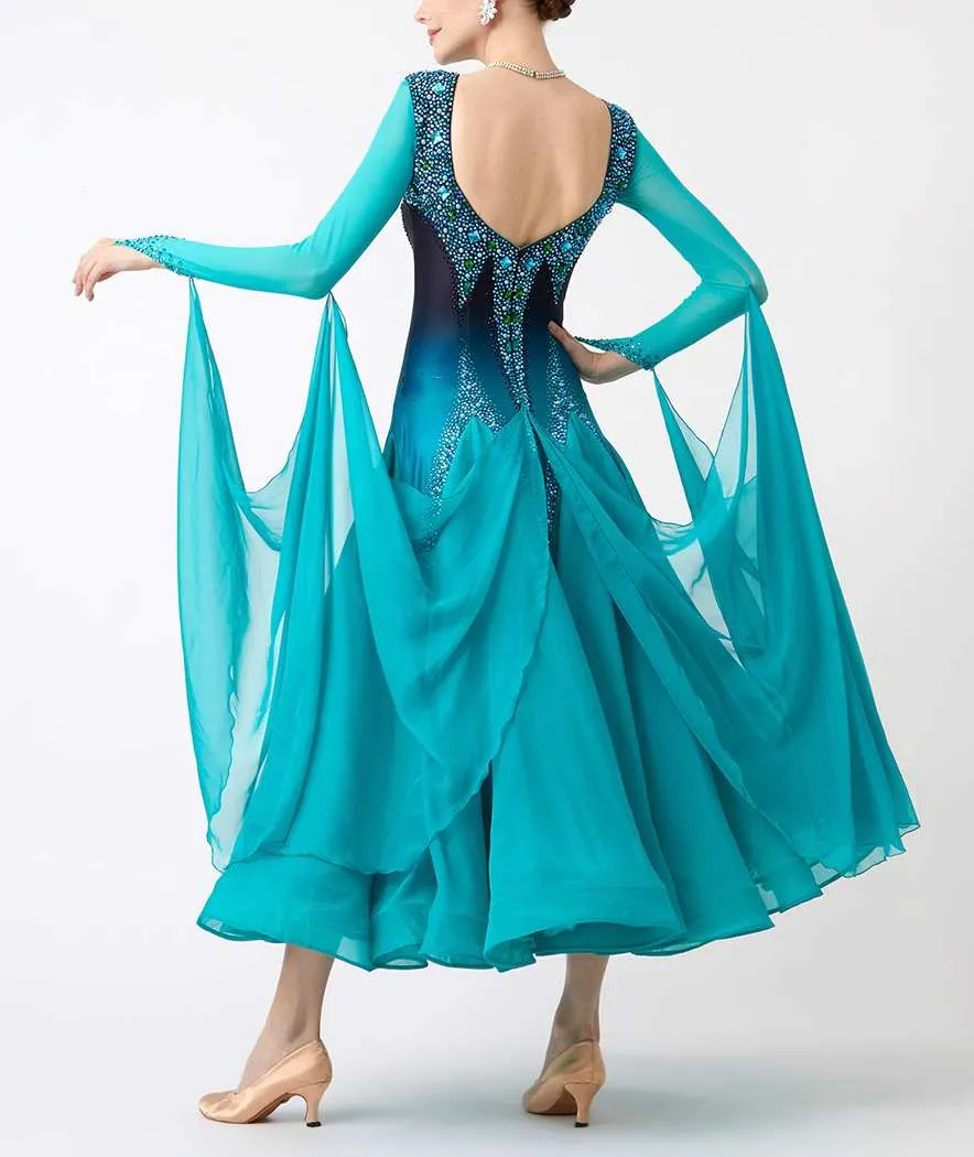 Custom Size Turquoise Blue Gradient Competition Ballroom Dance Dresses for Women Tango Waltz Dancing Gown