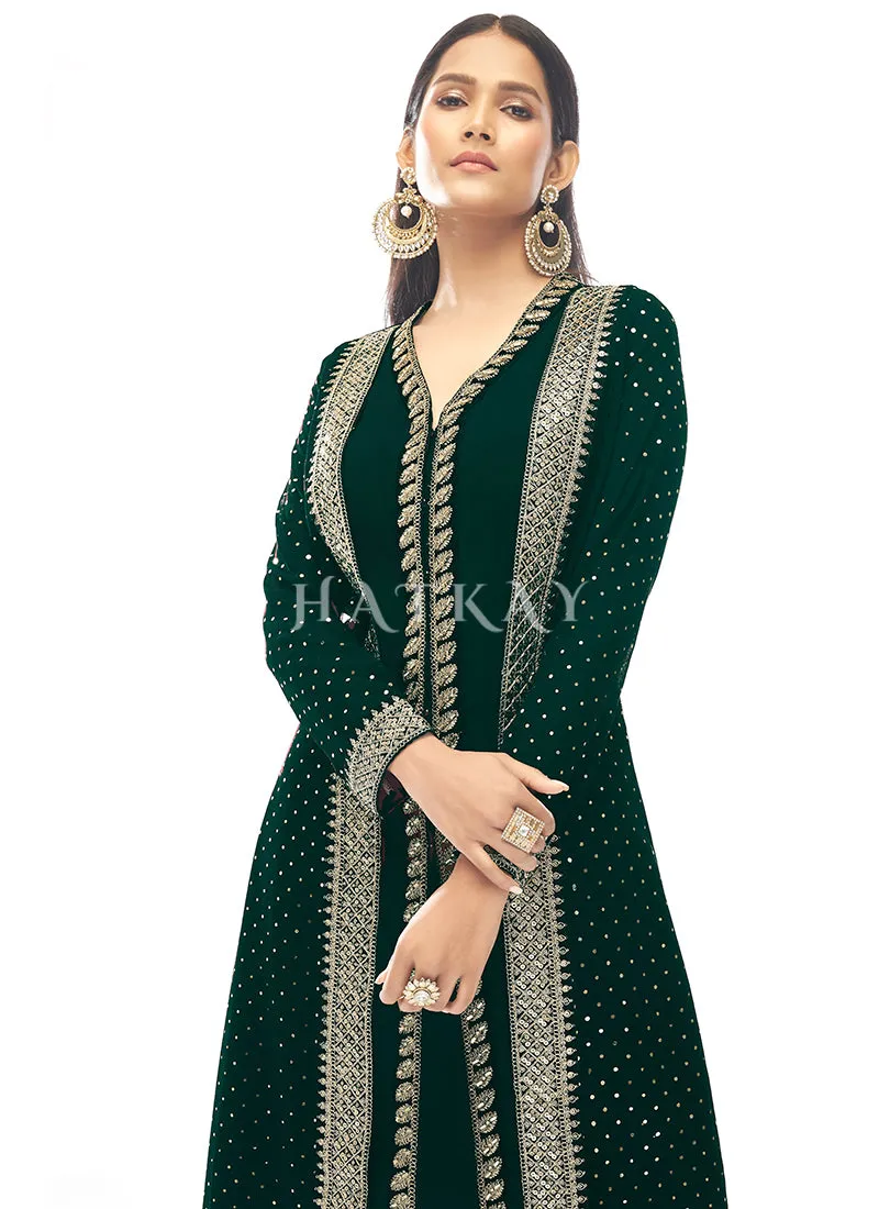 Dark Green Embroidered Jacket Style Pant Suit