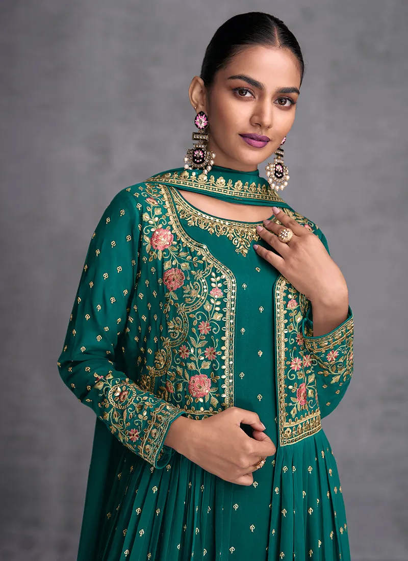 Dark Green Multi Embroidered Jacket Style Gharara Suit